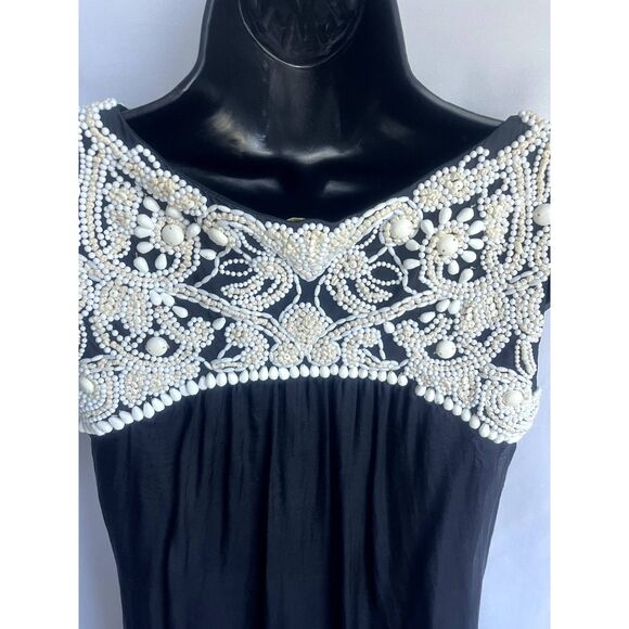 Gold Hawk 100% Silk Mini Tunic Dress Size XS Beaded Black Cream Classy Coastal - Picture 6 of 12